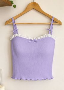 Lavender Ribbed Crop Top with Lace Trim
