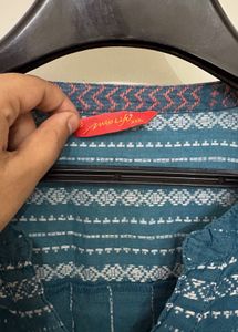 Teal Printed V-Neck Kurta