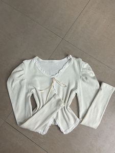 Cream Ribbed Long Sleeve Top