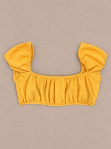 Sunflower yellow textured puff-sleeve crop top