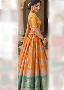 Royal Orange &amp; Emerald Green Zari Brocade Gujarati