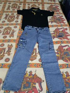 Boys Black Polo Shirt & Blue Jeans