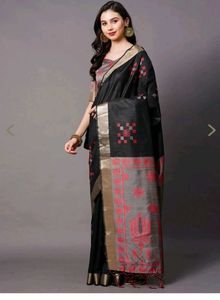 Elegant Black Saree with Red & Grey Motifs