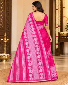 Assam Saree Vibrant Pink with White Mot