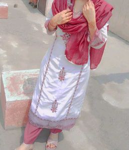 Pink &amp; White Embroidered Salwar Kameez