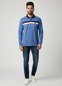 Stylish Blue Striped Long Sleeve Polo Shirt