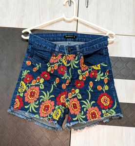 Embroidered Denim Shorts