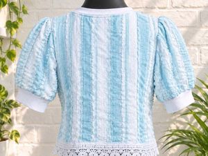 Blue &amp; White Textured Puff Sleeve Top