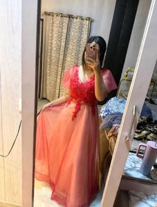 Red Lace Embellished Evening Gown