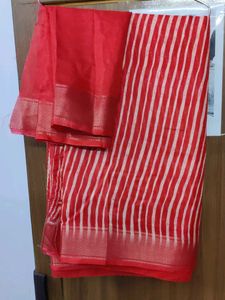 Red & White Striped Saree with Border
