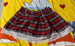 Plaid Mini Skirt with Lace Trim