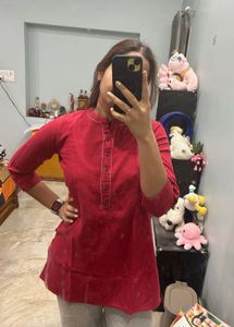 Red Kurti with Embellished Neckline
