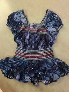 Navy Blue Peplum Top With Balloon Sleeves