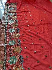 Heavy Designer Tomato Red &amp; Blue Saree With Blouse