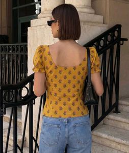 Corset style yellow Floral Button-Up Crop Top
