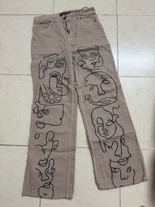 Unique Abstract Face Print Wide Leg Jeans
