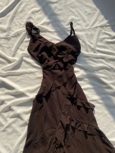 Brown legslit Ruffle Maxi Dress