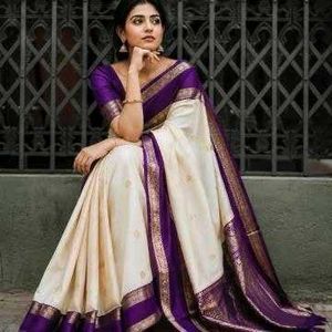 Elegant Cream & Purple Silk Saree