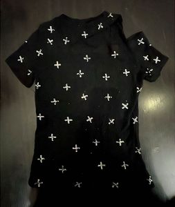 Black Embellished Cross T-Shirt