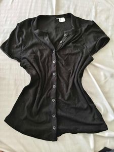 Ribbed Button-Up Short Sleeve Top