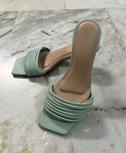 Stylish Mint Green Square Toe Heeled Sandals