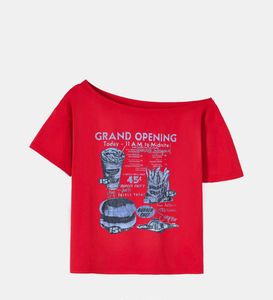 off shoulder red printed Tshirt