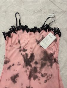 SAVANA Pink Tie-Dye Lace Trim Slip Dress