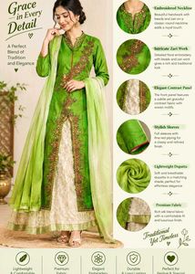 Heavy work Raw silk Green dress L SIZE