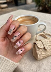 Pink Ombre Square Press-On Nails – Cute Bow &amp; Blac