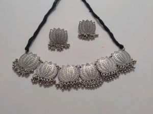 Oxidized Silver Lotus Necklace & Earrings Set