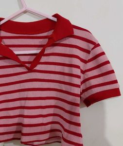 Pink &amp; Red Striped Polo Crop Top
