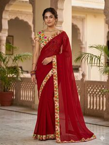 Elegant Red Saree with Stitched Blouse
