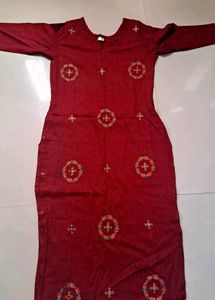 Designer Neck Red Embroidered Kurti
