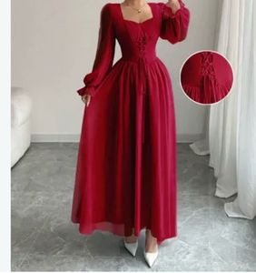 Chic Red Lace-Up Midi Dress