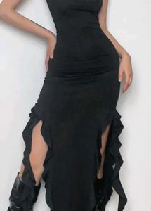 Chic Black Ruched Maxi Dress with Ruffled Slits