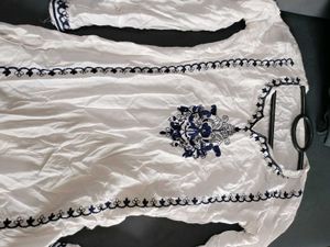 White Kurta with Blue Embroidery