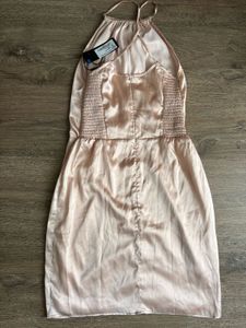 Pretty Satin Nude Halter Neck Mini Dress