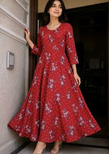 Red Floral Print Anarkali Gown with leggings