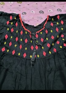 Boho Black Tunic Top with Embroidered Neckline