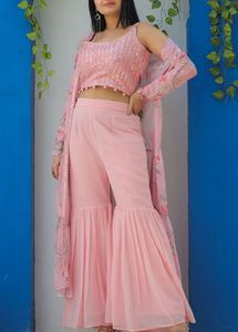 Embroidered Mirror Work Top With Sharara &amp; Shrug