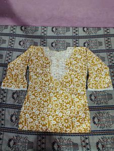 Yellow Floral Print Kurta with Lace Detail