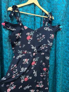 Navy Blue & Red Floral Printed Flare Dress