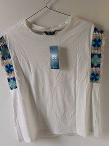 White T-Shirt with Crochet Detail