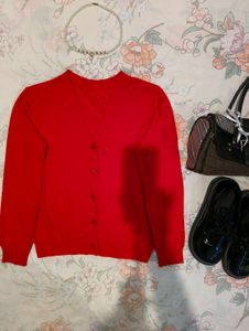 Red Cardigan with Necklace & Shoes