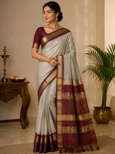 Elegant Grey Silk Saree with Elephant Border