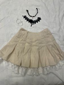 cute Corduroy Mini Skirt with Lace Trim