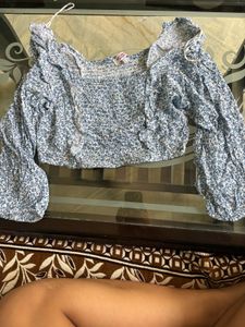 Blue Floral Smocked Crop Top