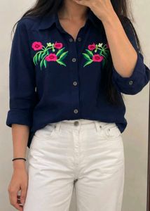 Embroidered Navy Blue Collared Shirt