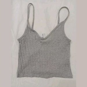 Grey Ribbed Spaghetti Strap Crop Top