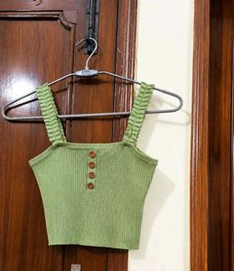 Cute Green Ribbed Button-Up Crop Top